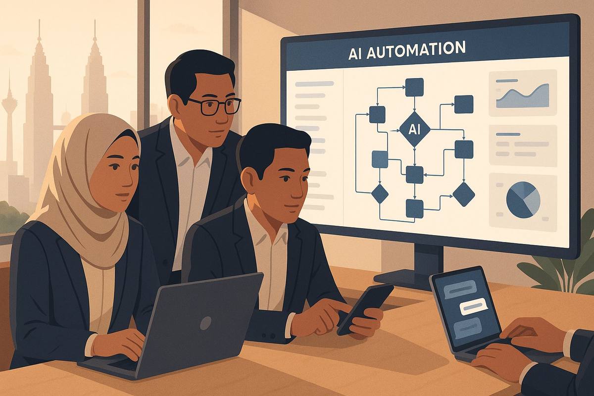 Malaysian leaders reviewing AI automation Malaysia dashboard