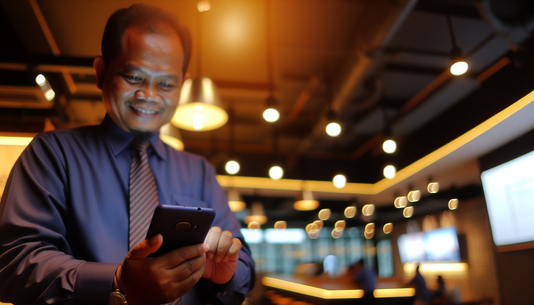 Malaysian business owner using smartphone AI assistant in a modern cafe
