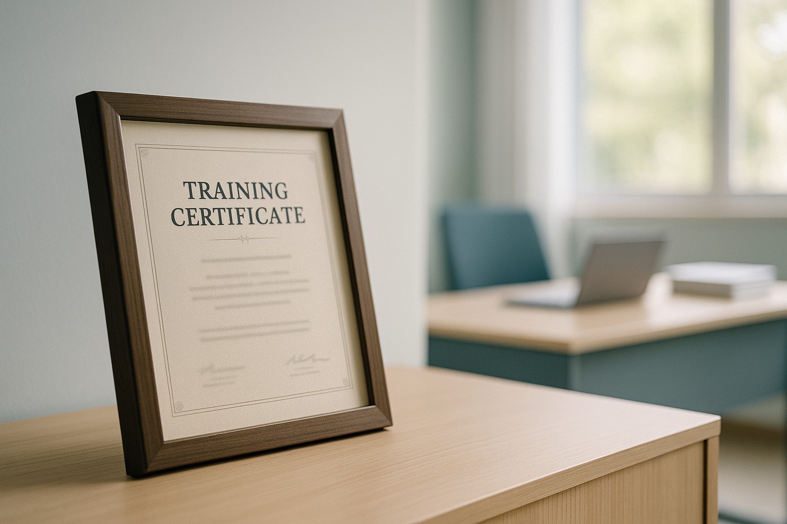 A framed training certificate on a credenza in a Malaysian office, with an untouched desk behind it — AI training completed, work unchanged
