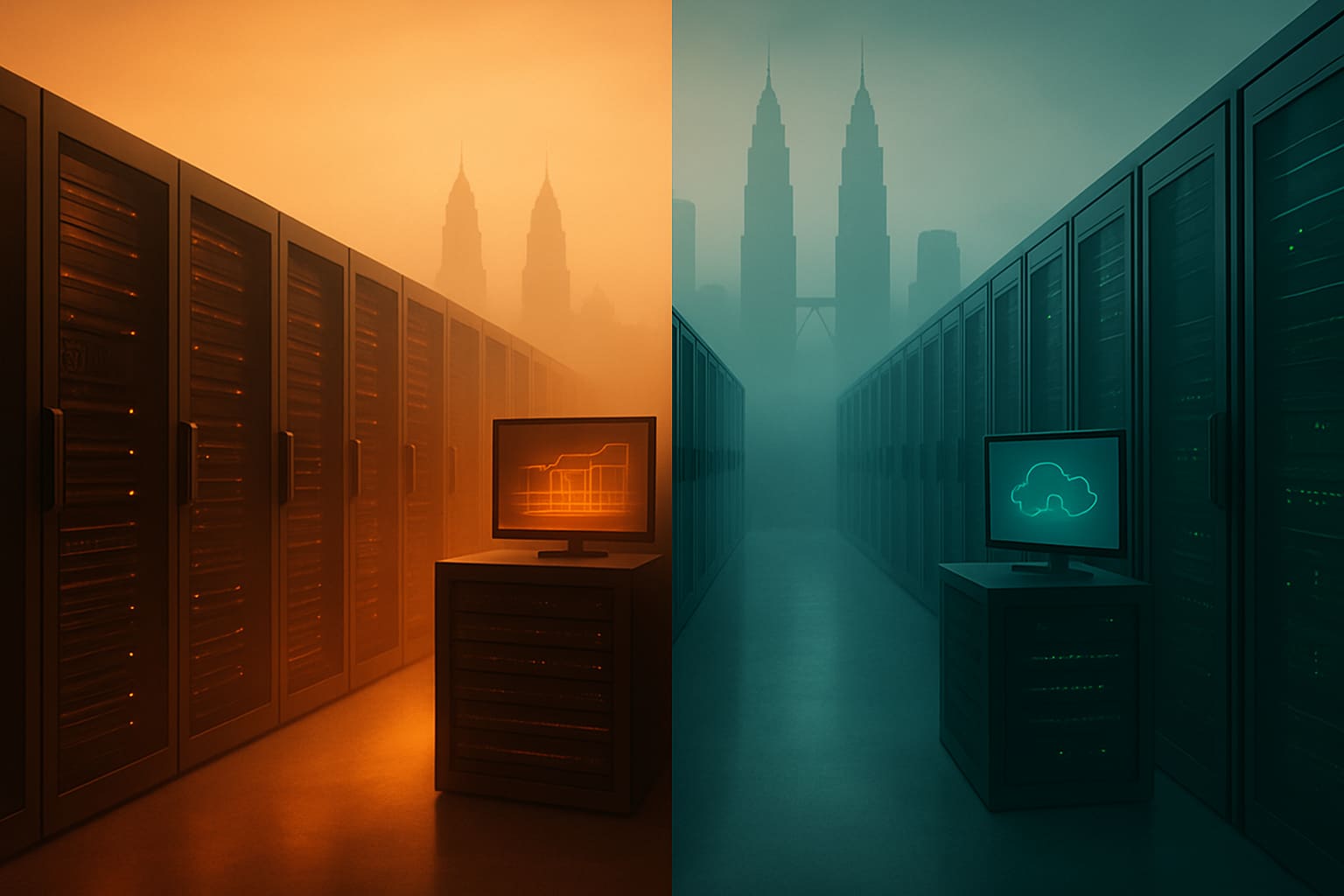 Two cloud compute environments side-by-side suggesting the Anthropic API vs Amazon Bedrock decision Malaysian businesses face when running Claude in 2026