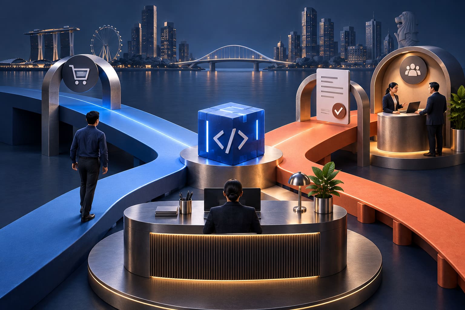 Blue and coral purchasing routes connect a software package to a procurement desk against a Singapore skyline.