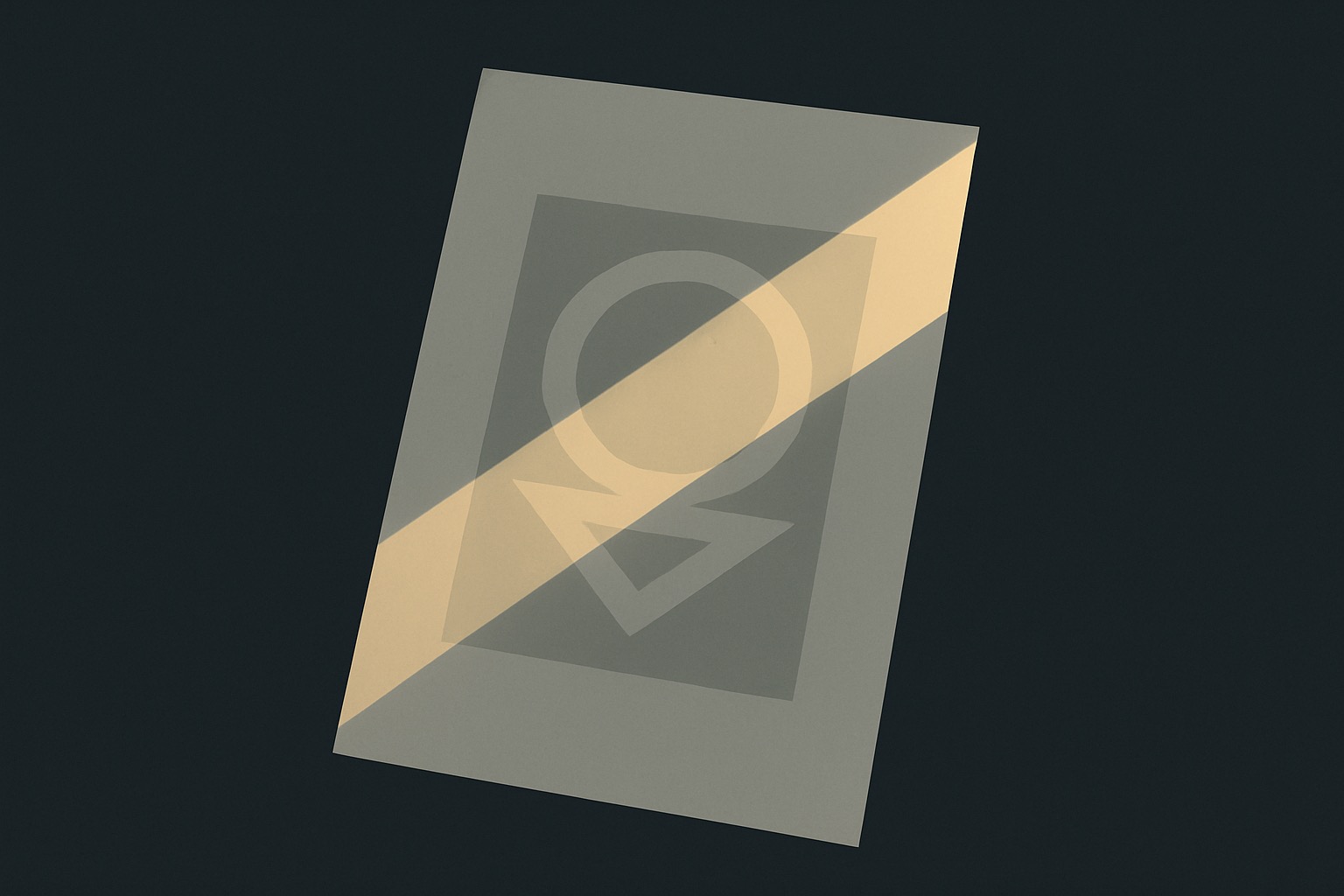 A pale sheet on a dark ground carrying a faint emblem, readable only where a narrow beam of light crosses it — the way an embedded watermark is present but invisible until something looks for it