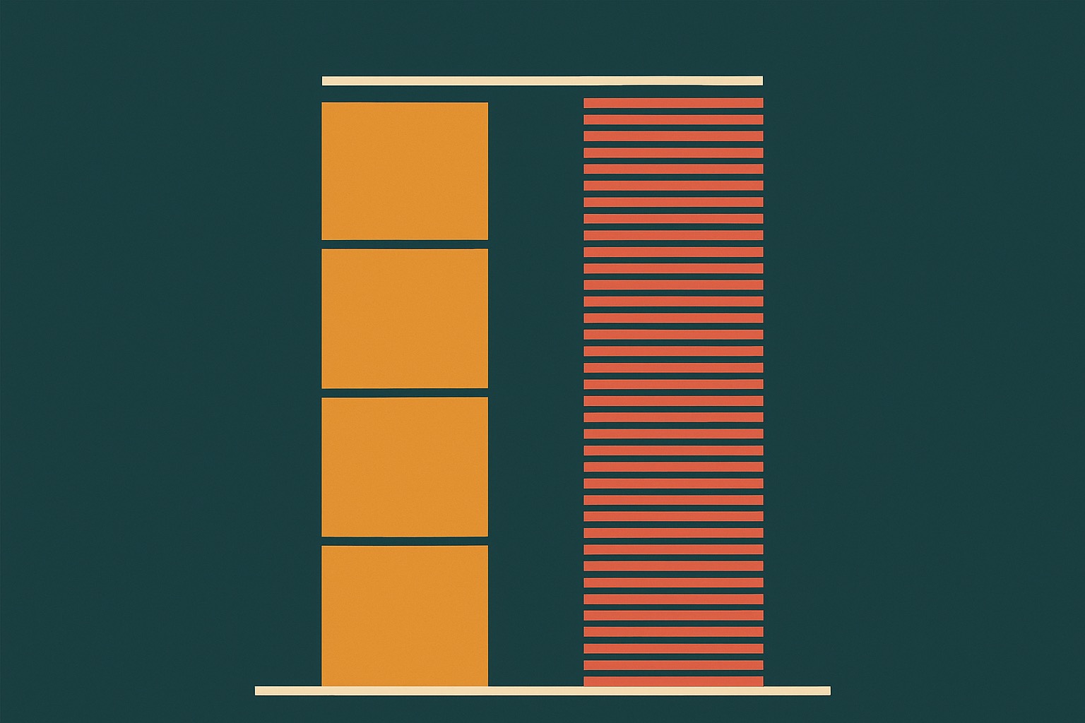 Two columns of identical total height, one built from four large blocks and one from forty thin slices — the same text divided into very different numbers of tokens