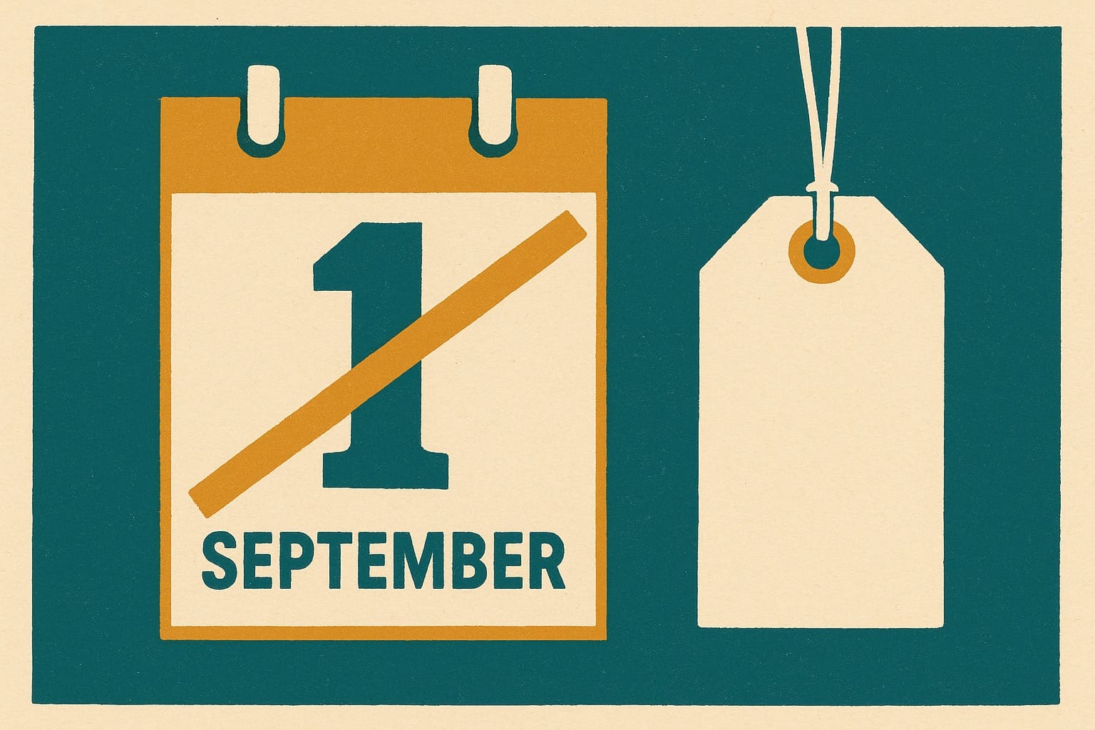 A wall calendar with 1 September circled and then struck through, beside a flat unchanging price tag — the cancelled Claude Sonnet 5 price increase