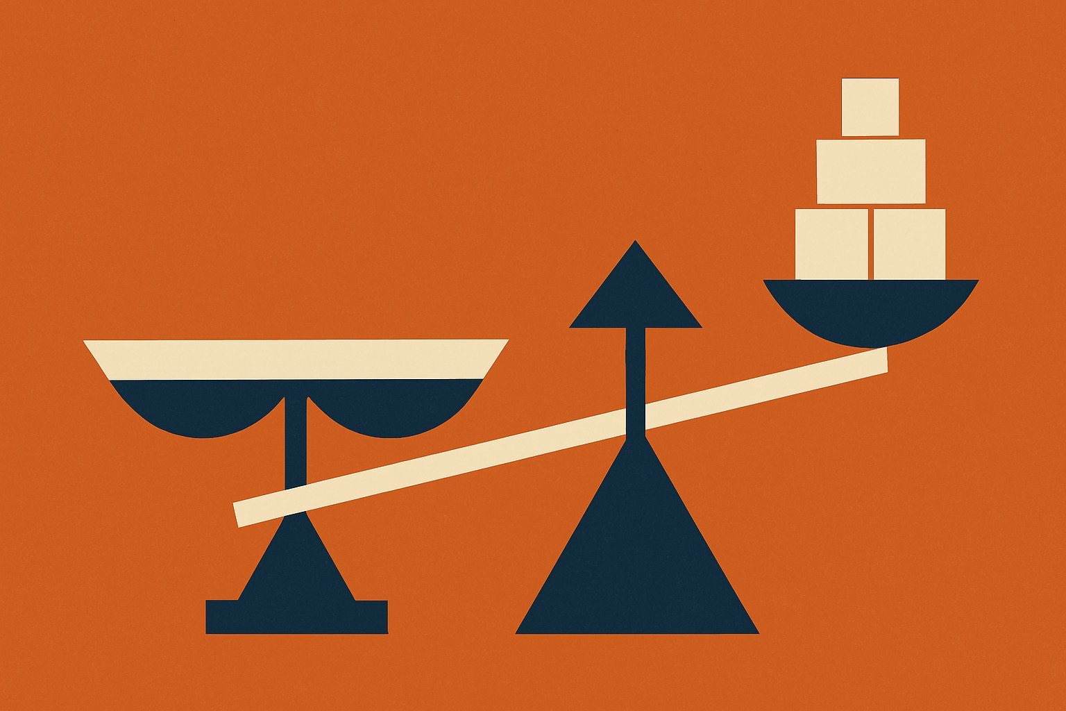 Two weighing scales side by side, one perfectly balanced and one tipped heavily by a stack of accumulated weights — the effect of output tokens and long context on the real bill