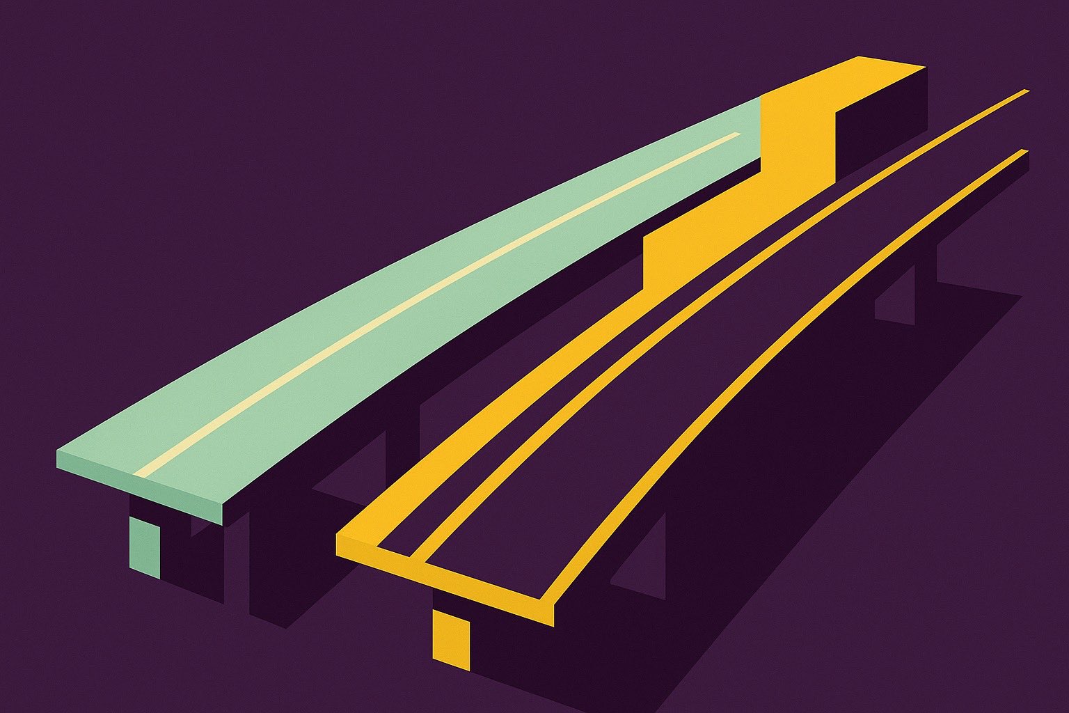 Two elevated roadways side by side — one perfectly flat to the horizon, the other stepping abruptly upward partway along, representing flat-rate versus context-tiered token pricing