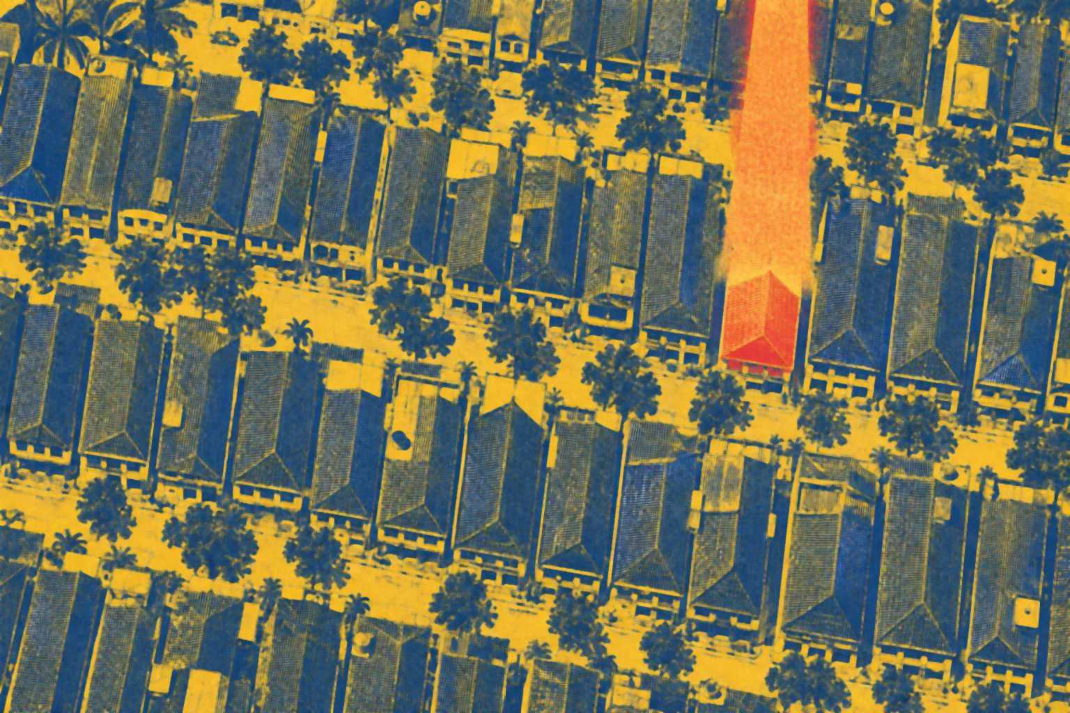 Risograph print of a street of shophouse roofs seen from above, with one roof lit by a single beam: being the business an AI answer recommends in Malaysia and Singapore