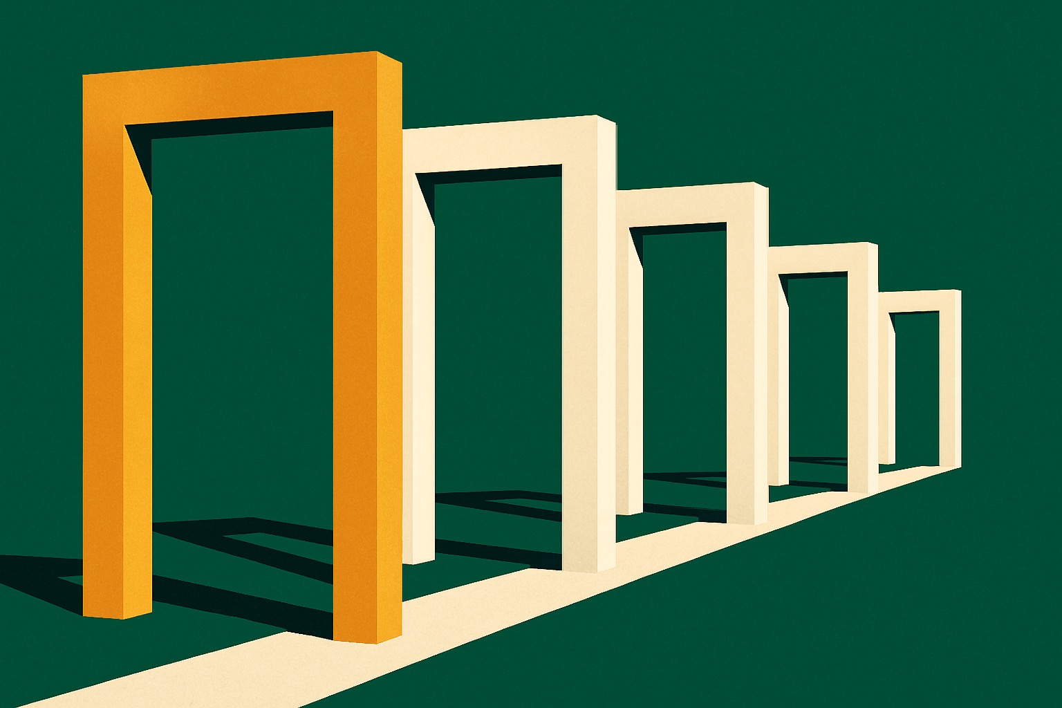 A series of gates of decreasing height along a single path, representing the graduated permission modes that control what an agentic coding tool may do without asking