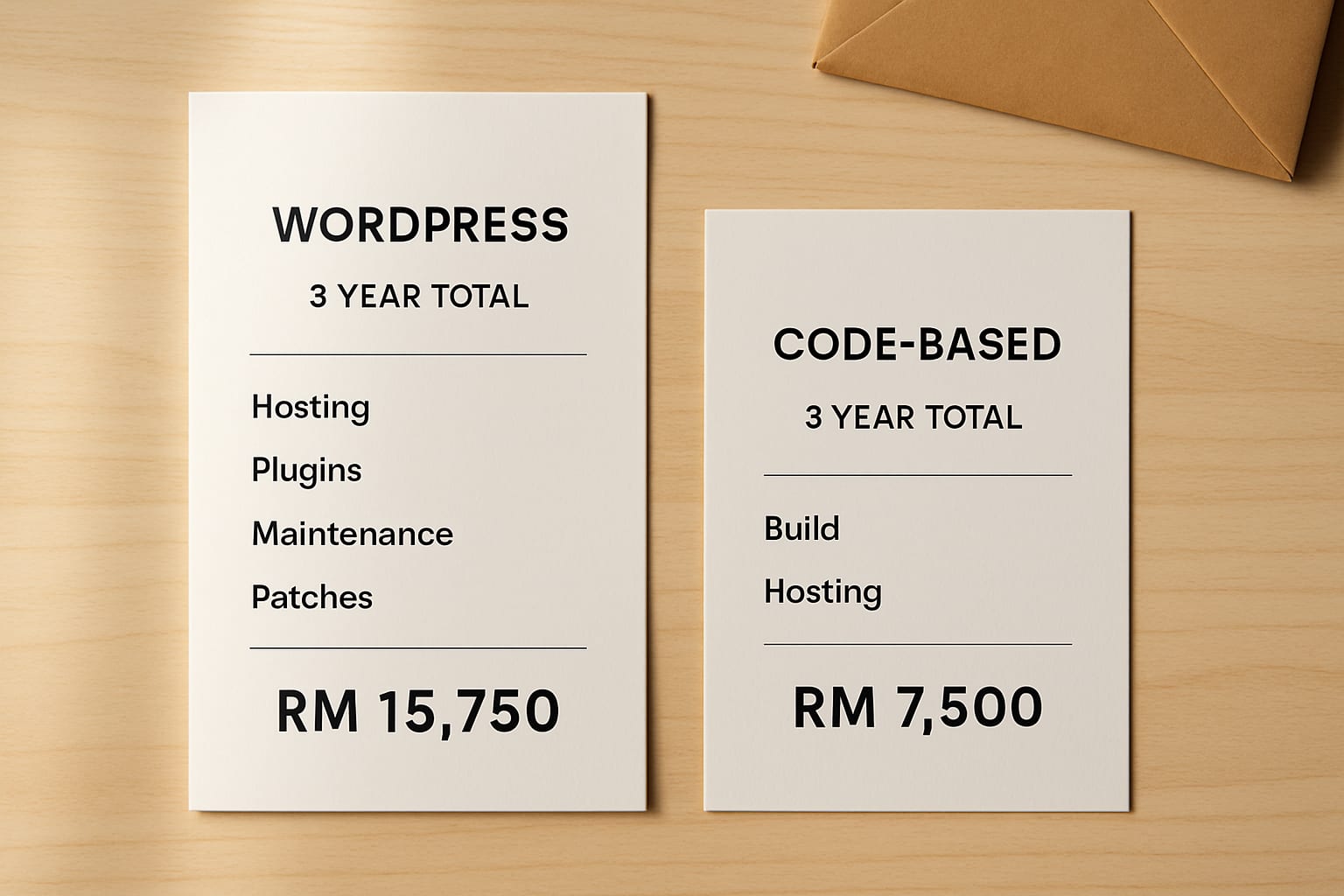 Malaysia web design pricing 2026 — 3-year cost comparison between WordPress and custom-coded websites for SMEs in Kuala Lumpur, Selangor, Johor, and Penang