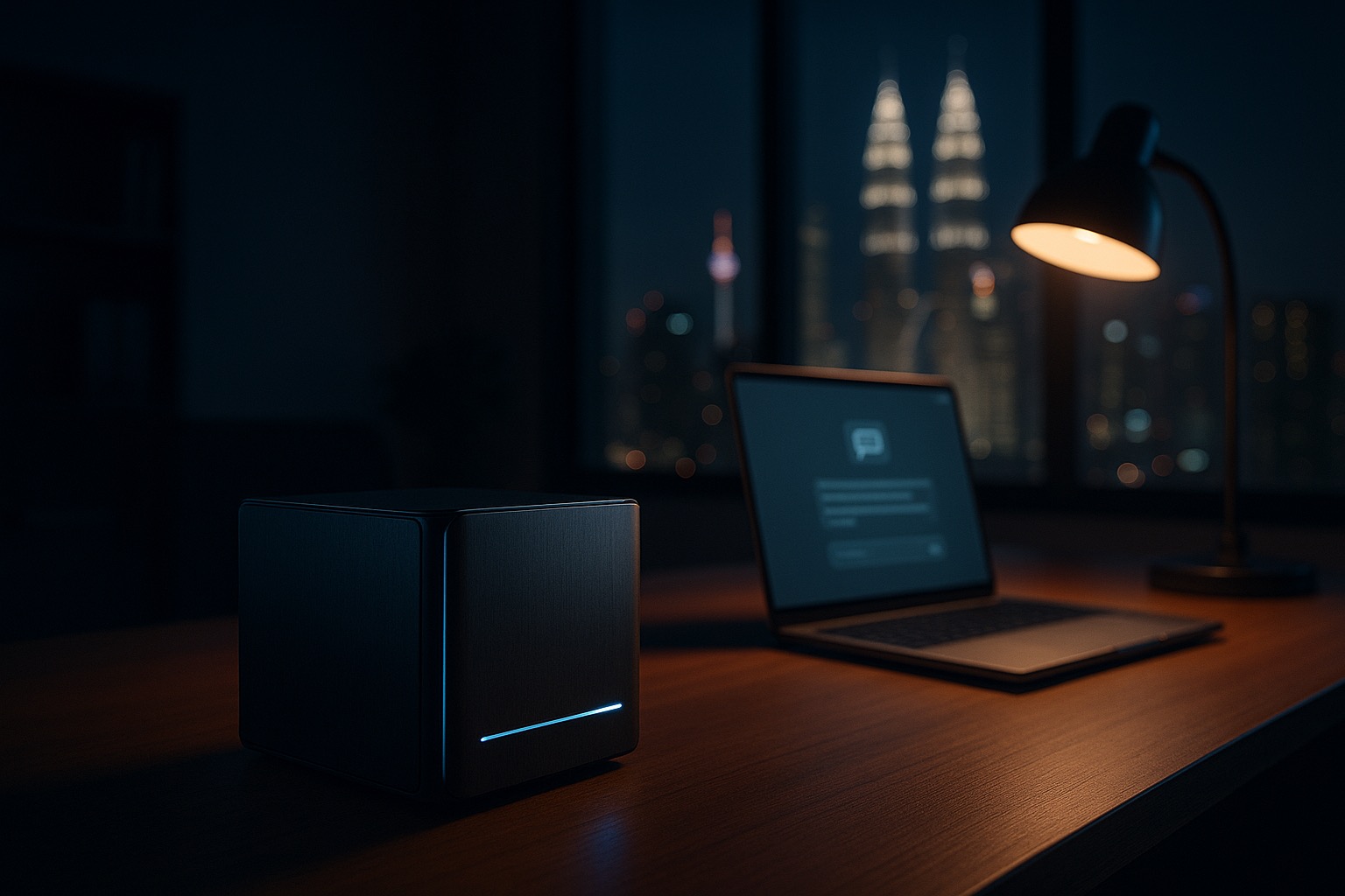 Compact NVIDIA RTX Spark AI desktop glowing on a Malaysian business office desk at night