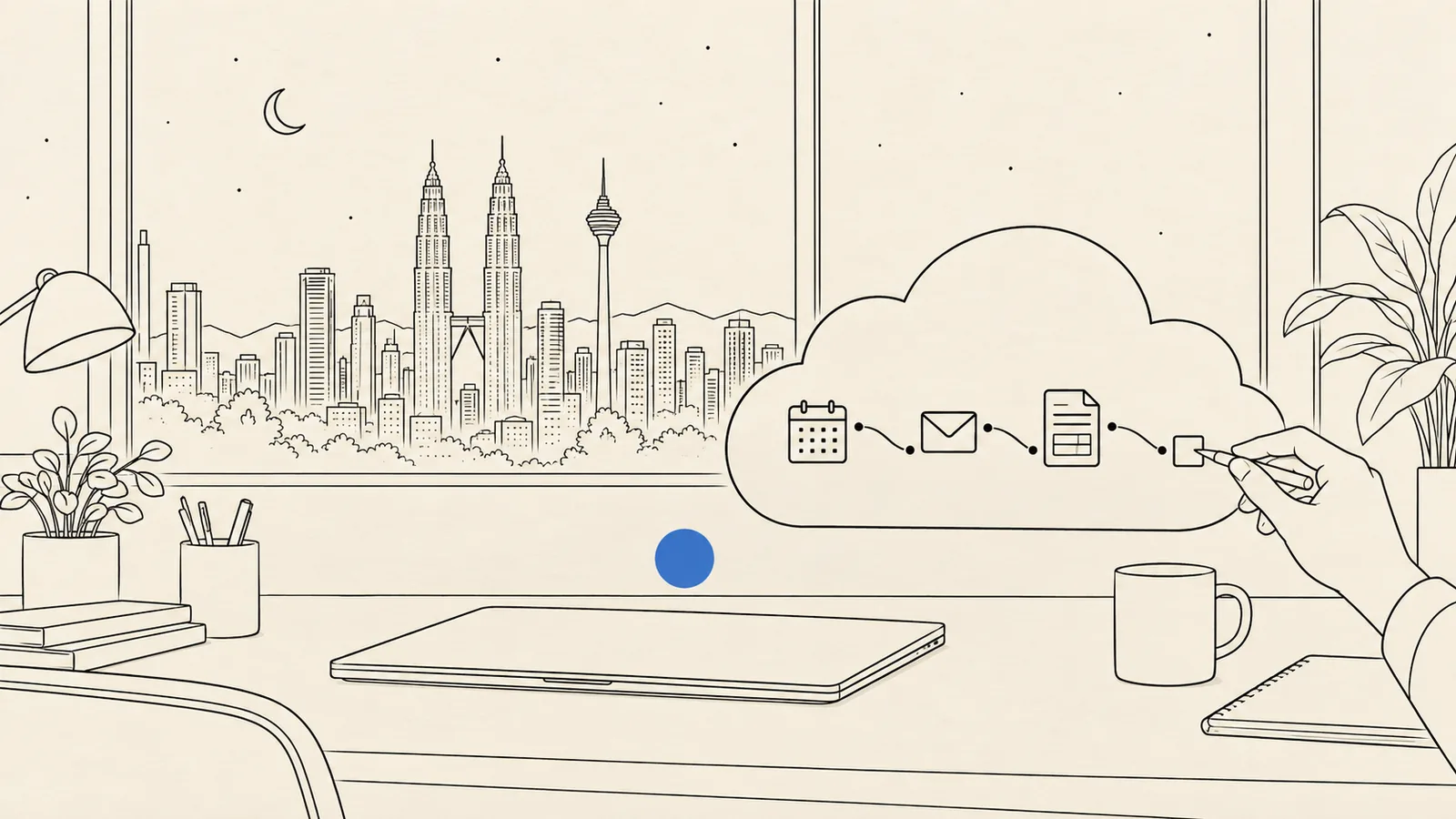 Ink illustration of a desk at night with the Kuala Lumpur skyline behind it: the laptop is closed while a single blue dot works in a cloud computer, moving a calendar, an email and an invoice towards a checkbox that a person's hand ticks to approve.
