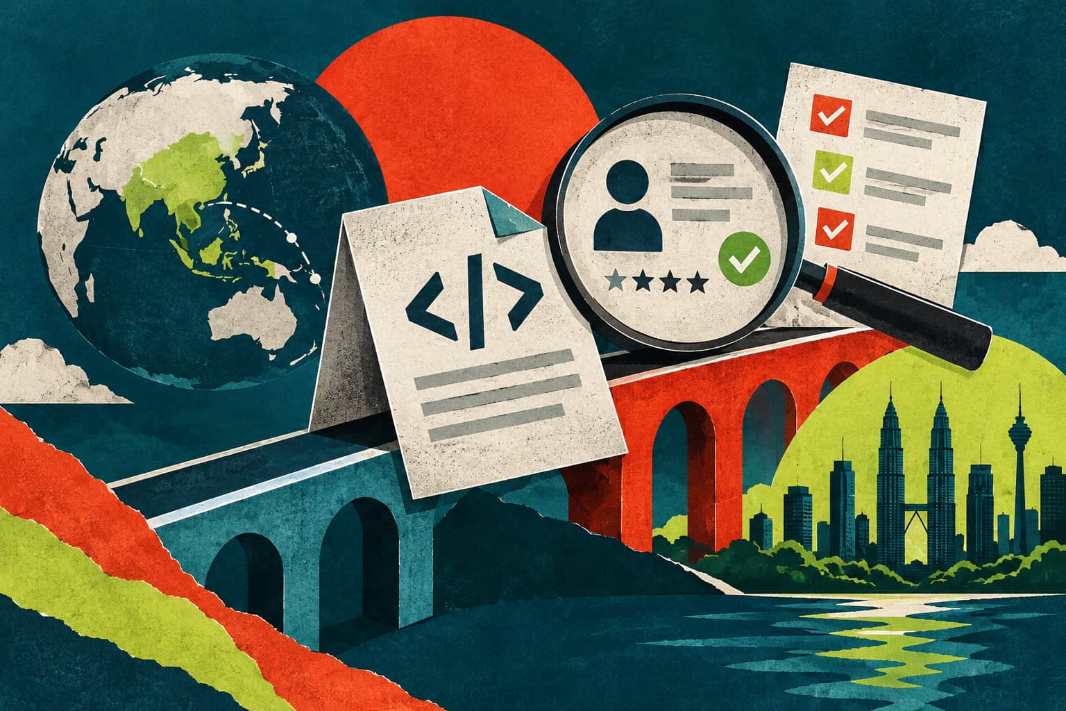 Teal, vermilion and lime collage showing a software document crossing a bridge, supplier details under a magnifying glass and Kuala Lumpur landmarks.