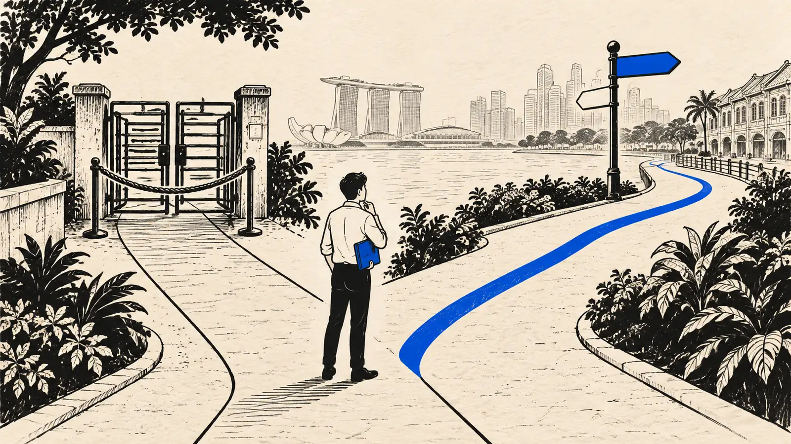 Ink illustration of a Singapore waterfront path: an old turnstile gate on the left is roped off, and a new path traced in blue leads to a signpost, with a business owner holding a folder at the fork, showing that PSG SEO packages have ended and the EDGE Grant has replaced PSG