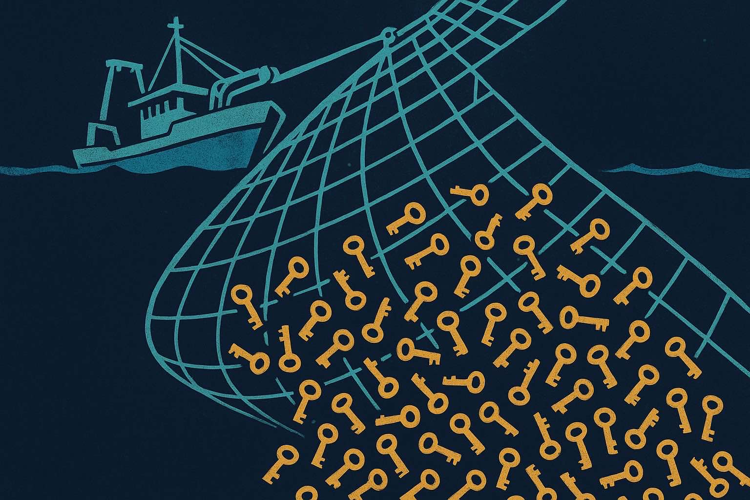 Illustration of a trawler dragging a vast net through dark water, the net filled with hundreds of small identical brass keys — hardcoded API keys swept up at scale rather than individually targeted