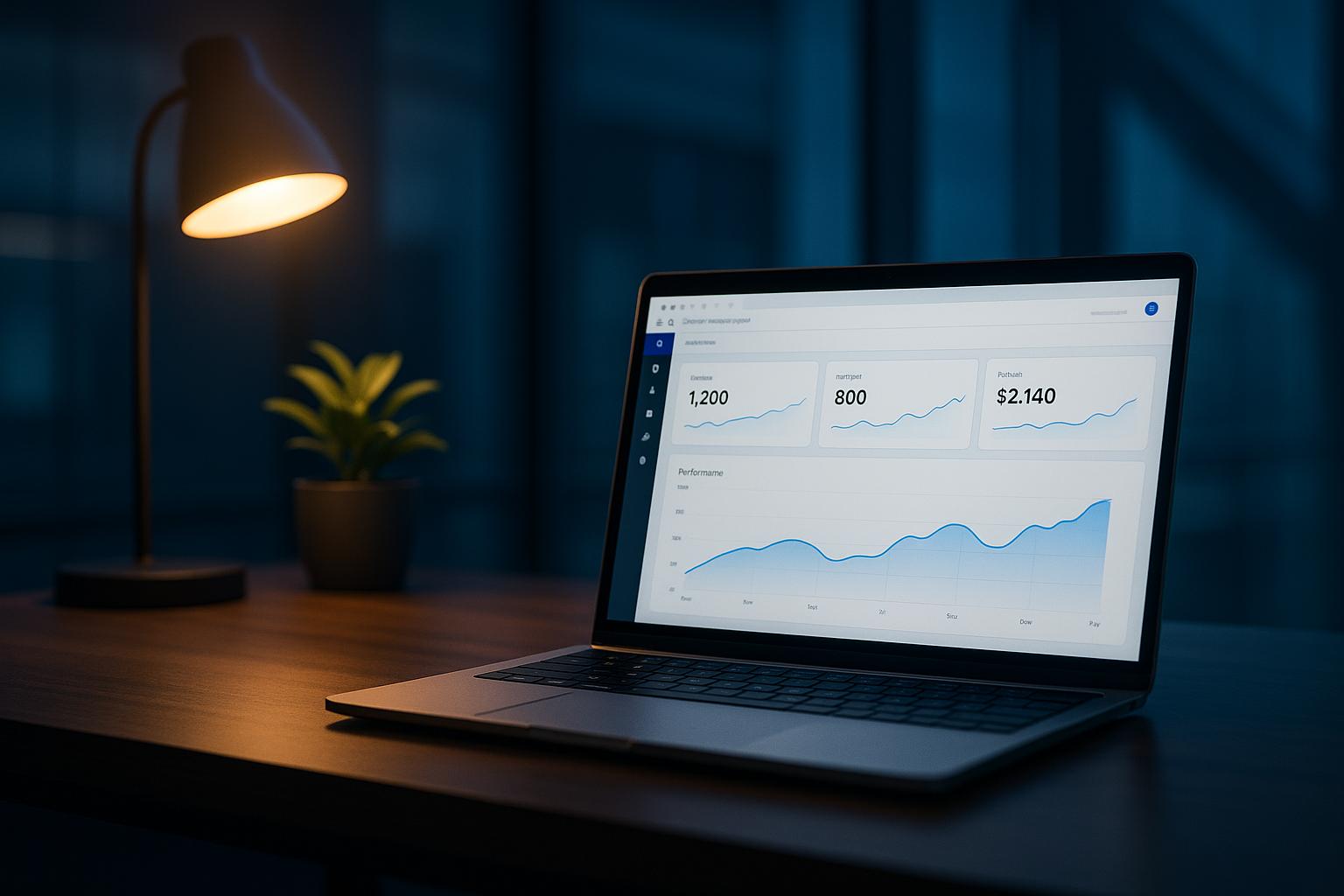 Business team reviewing website performance metrics on a laptop, evaluating whether to migrate from WordPress to a custom build