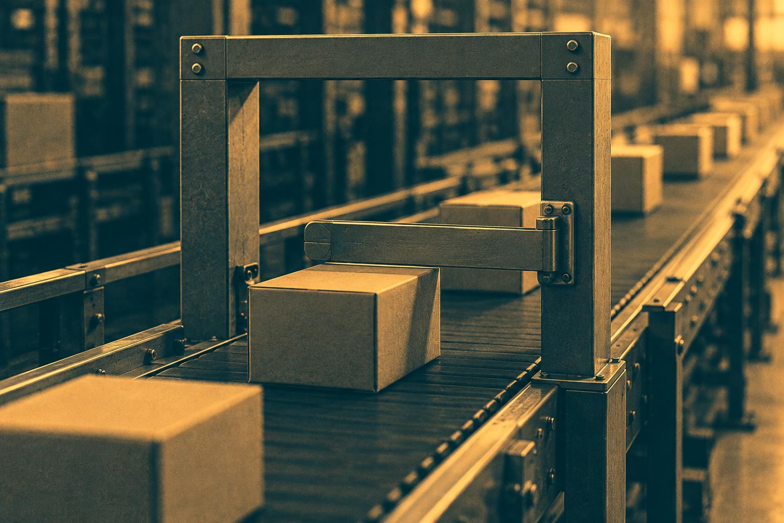 Amber sepia-toned photograph of a steel inspection gate over a factory conveyor, its arm lowered across the belt in front of one cardboard parcel while parcels beyond the gate carry on, a checkpoint metaphor for SonarQube AI Code Assurance checking AI-written code before it merges