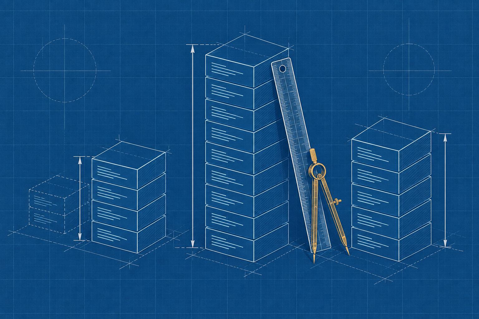 Blueprint-style technical drawing of three stacks of code blocks of different heights, with dimension lines, a ruler and brass dividers measuring the tallest stack, illustrating how SonarQube pricing is sized by lines of code