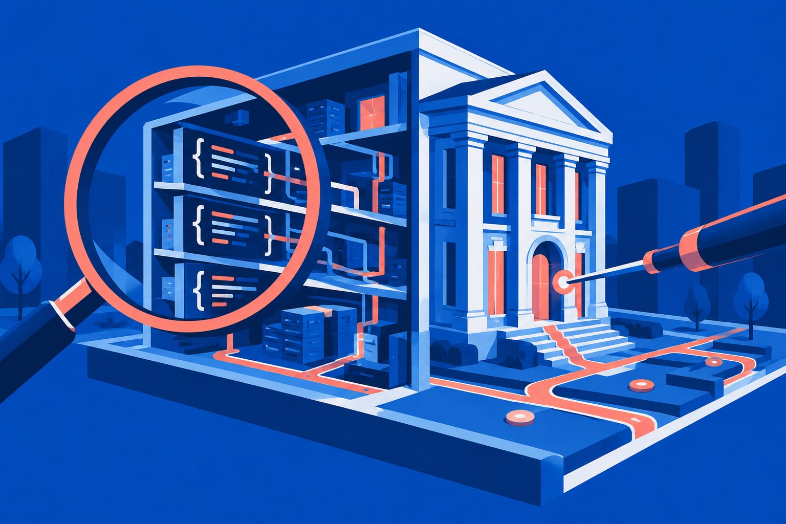 Bold blue and orange cutaway illustration compares inspecting application code with testing a running banking application.