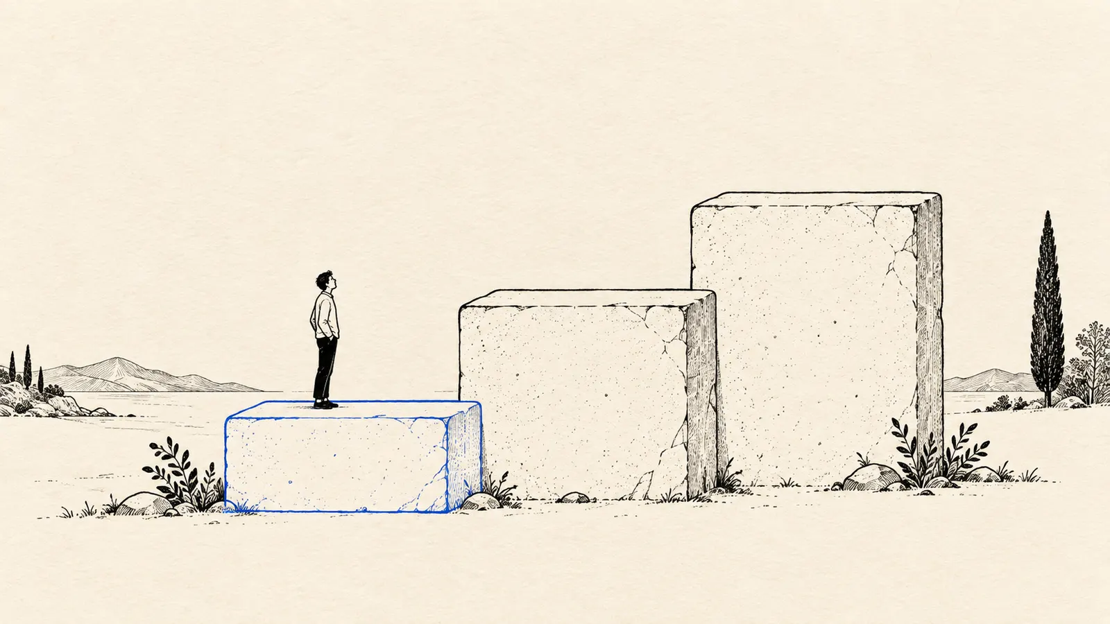 Three stone steps of rising height with a person standing on the first, illustrating the Select, Advanced and Elite tiers of the OpenAI Partner Network