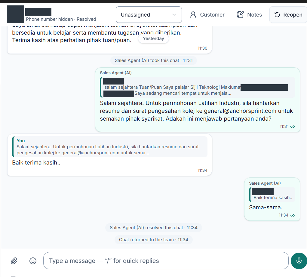 Redacted EzyChat internship conversation in Bahasa Melayu, with submission instructions followed by an enquiry-resolution event.