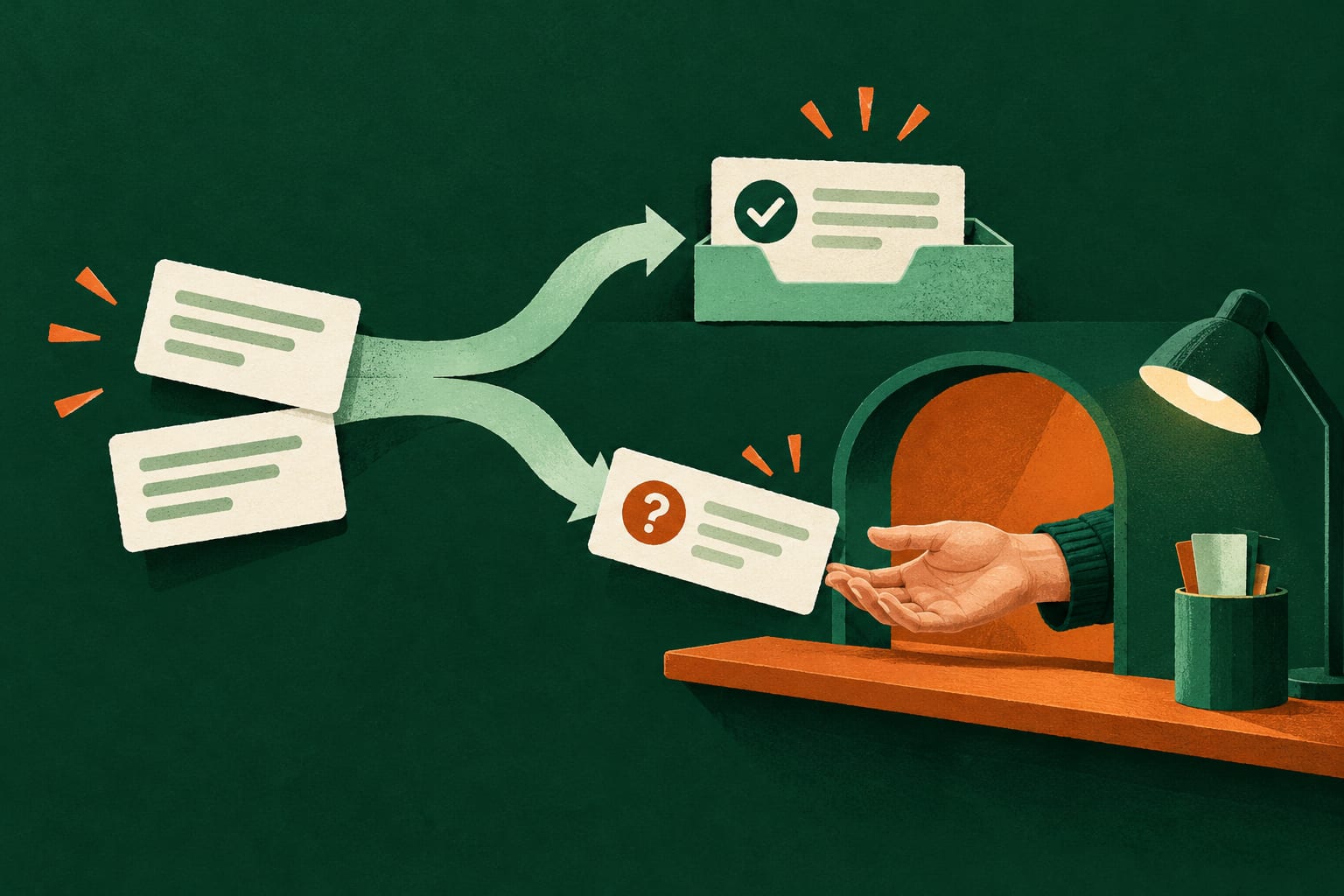Illustration of two enquiry cards: one passed through to a person and one completed in the shared inbox.