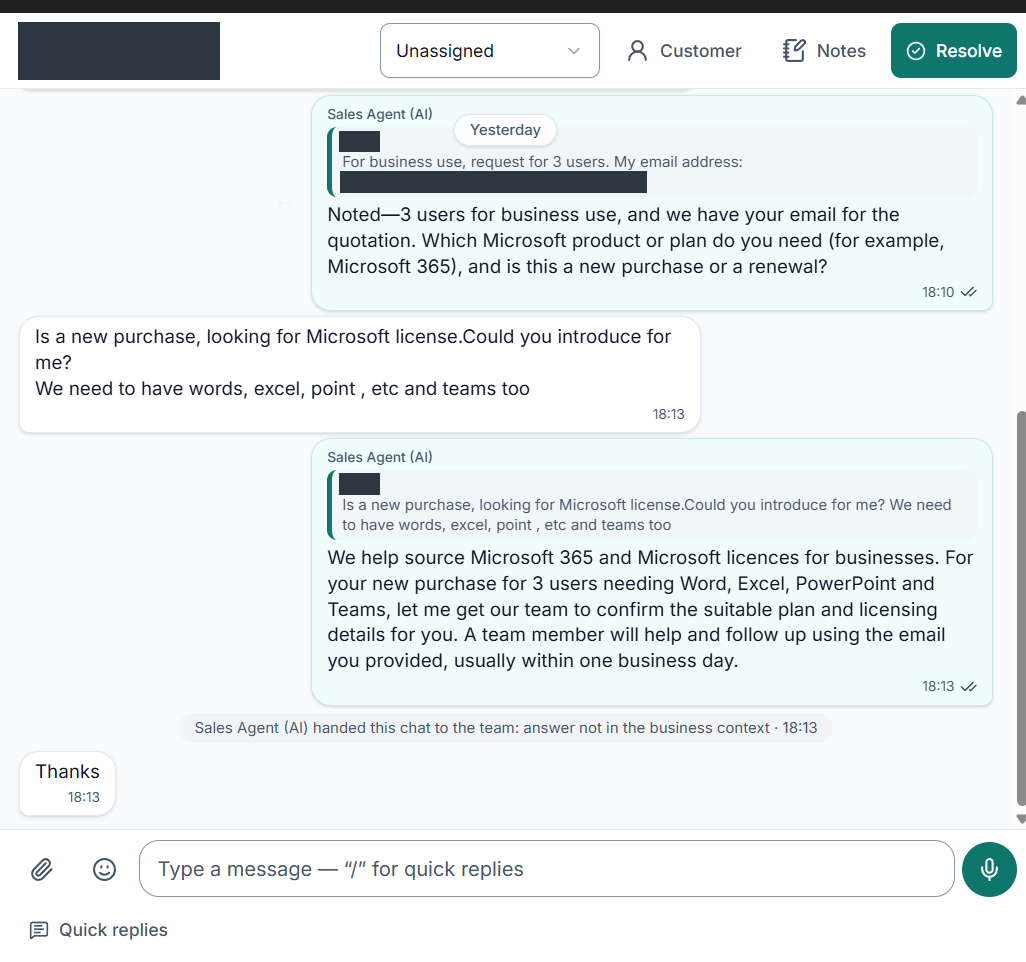 Redacted EzyChat sales conversation showing collected requirements and the event handing the licensing question to the team.