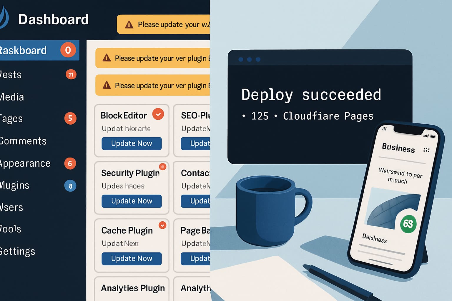 A business website loading instantly on a smartphone next to a clean deploy screen — the practical end-state of a WordPress to static site migration for Malaysian and Singapore SMEs