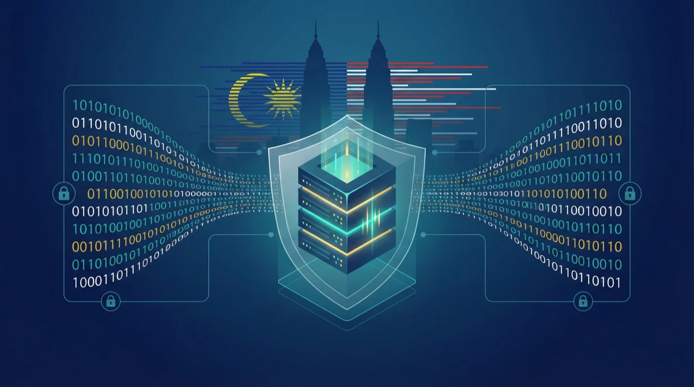 Private LLM infrastructure protecting Malaysian enterprise data with secure on-premises deployment, featuring Petronas Towers and data security shield