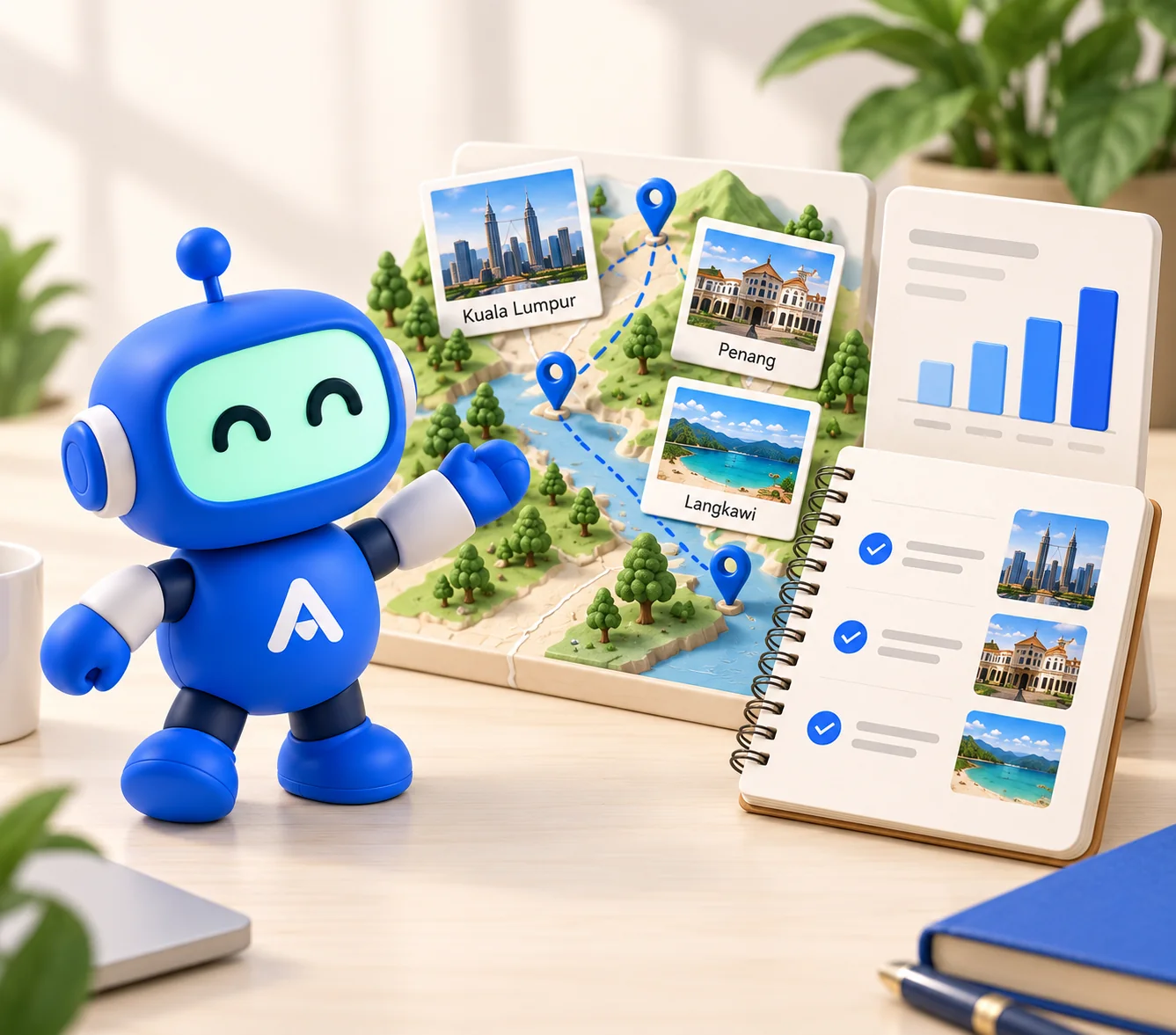 Robot biru Anchor Sprint mempersembahkan peta perjalanan mini Malaysia, poskad bergambar, carta dan rancangan bergambar.