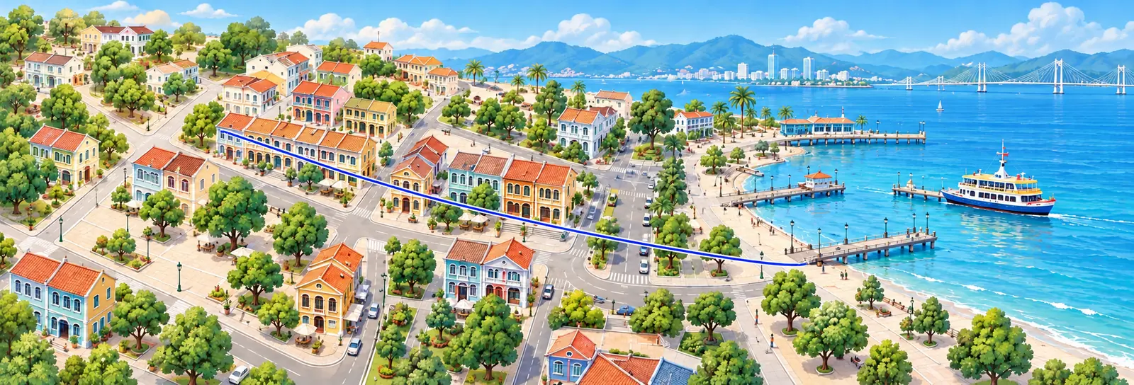 Ilustrasi jalan warisan dan tepi laut Pulau Pinang dengan laluan biru; bukan peta navigasi.