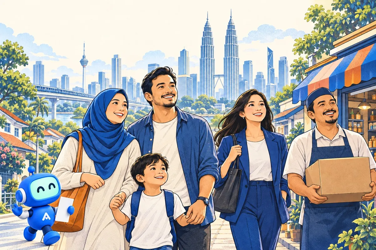 Illustration of a Malaysian family, an office worker and a shopkeeper walking in front of the Kuala Lumpur skyline, with a small friendly robot
