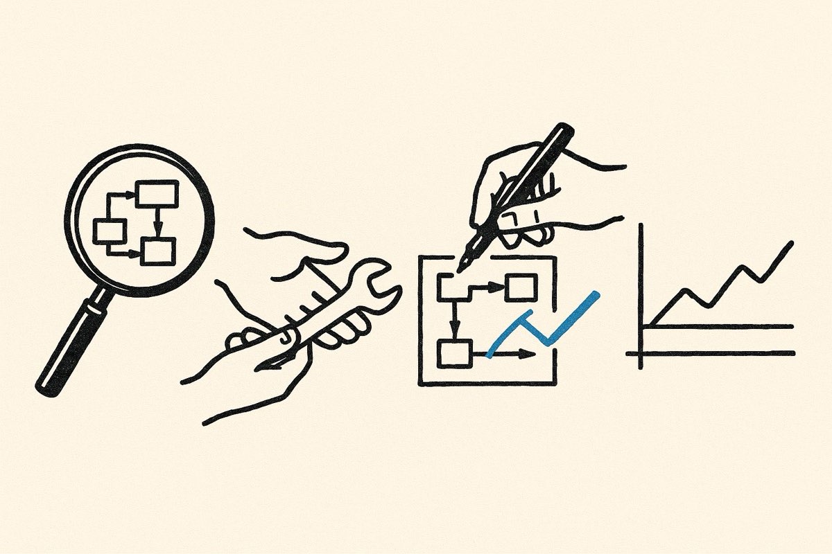 Editorial illustration of the four stages of AI adoption: assessing which process to change, putting tools in people's hands, redesigning the workflow, and measuring the result